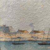 Marine watercolor "Sailboat at sea and stranded on the beach" 20th century