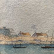 Marine watercolor "Sailboat at sea and stranded on the beach" 20th century