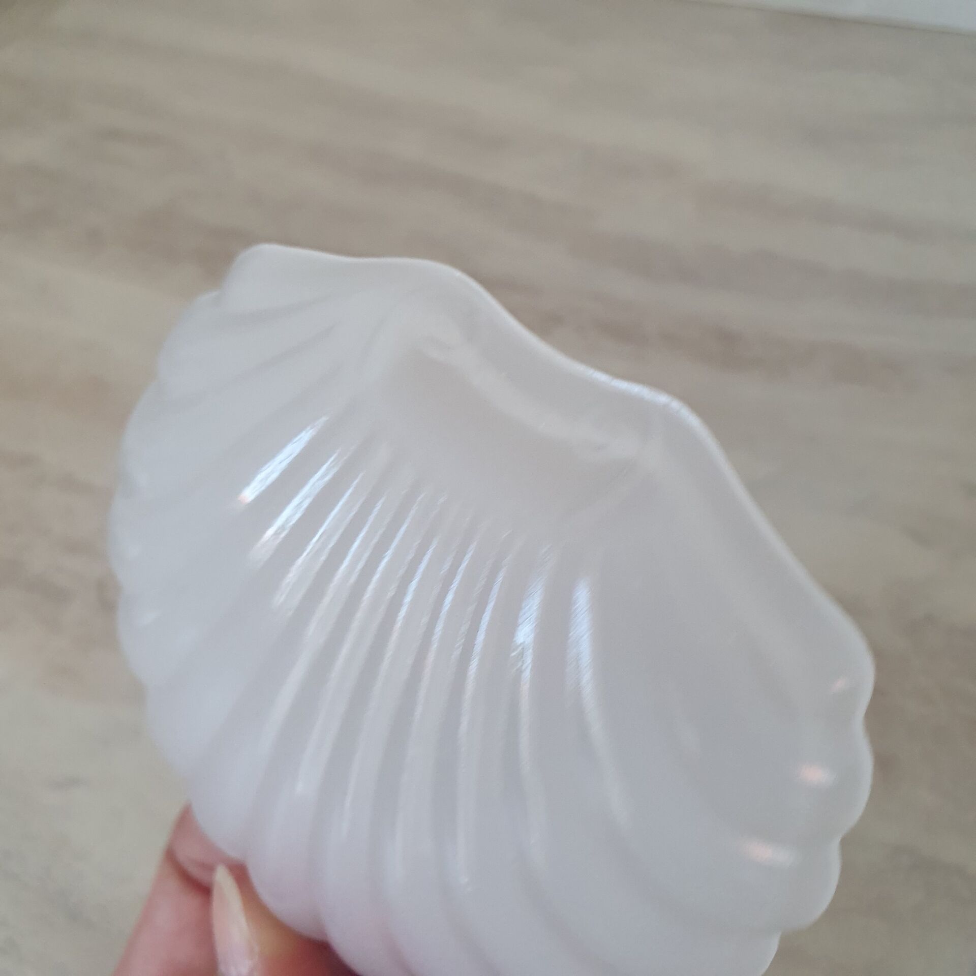 Scallop shell butter dish in stainless steel with its white glass saucer.