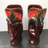 Pair of old Vallauris multi-colored ceramic vase + 2 vintage handles