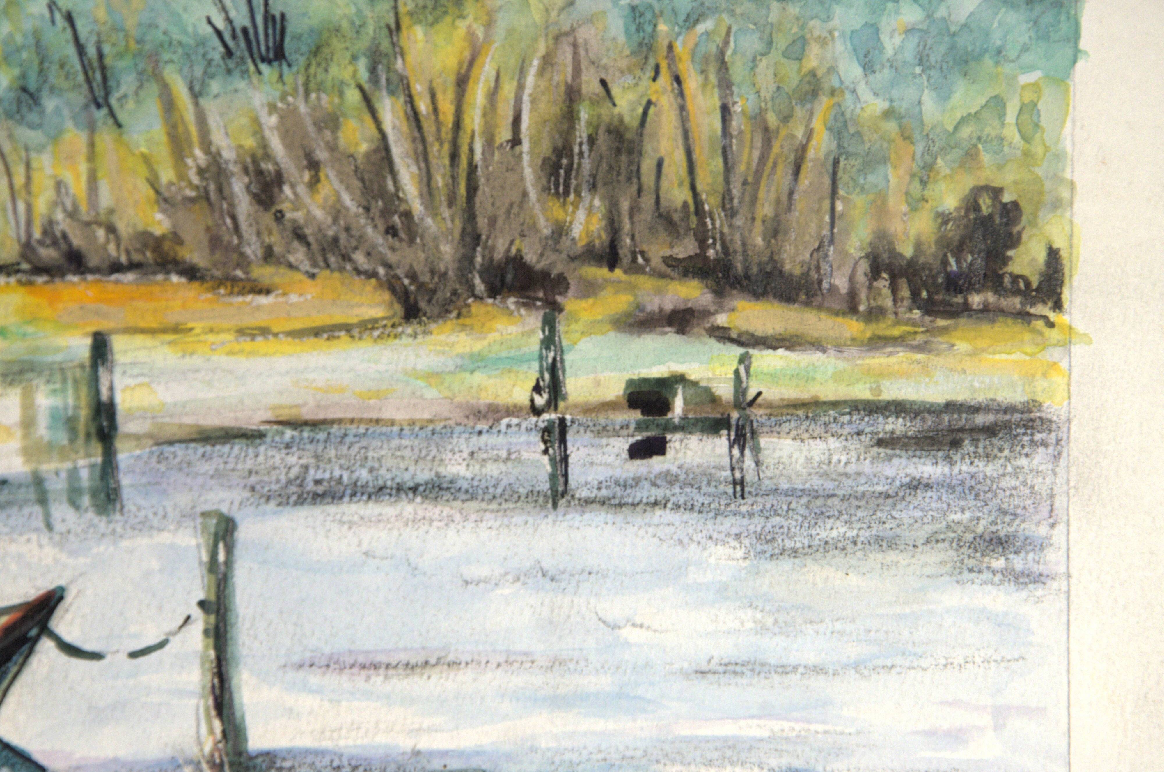 Watercolour depicting a pond with a boat and a Provençal farmhouse, 24x32cm