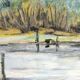 Watercolour depicting a pond with a boat and a Provençal farmhouse, 24x32cm