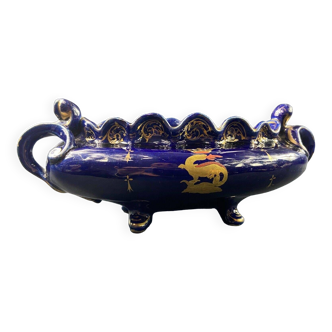 Earthenware planter signed Hache salamander decoration gold crown midnight blue background