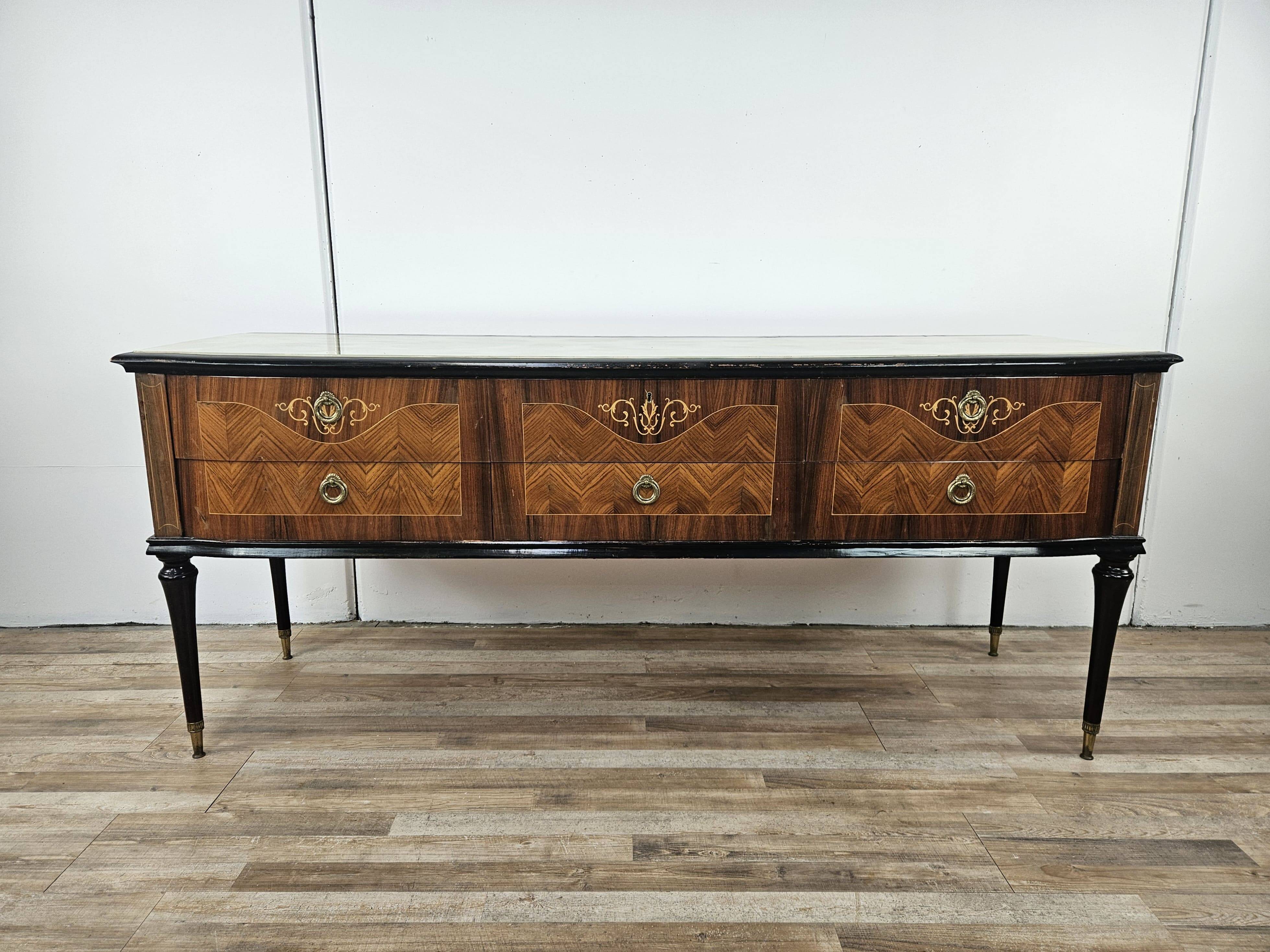 1960s bedroom dresser with six drawers and glass top
