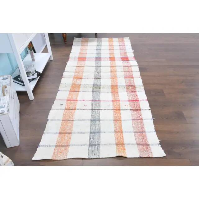 Vintage Turkish Hand-Knotted Wool Cotton White Kilim Runner Rug 107x254