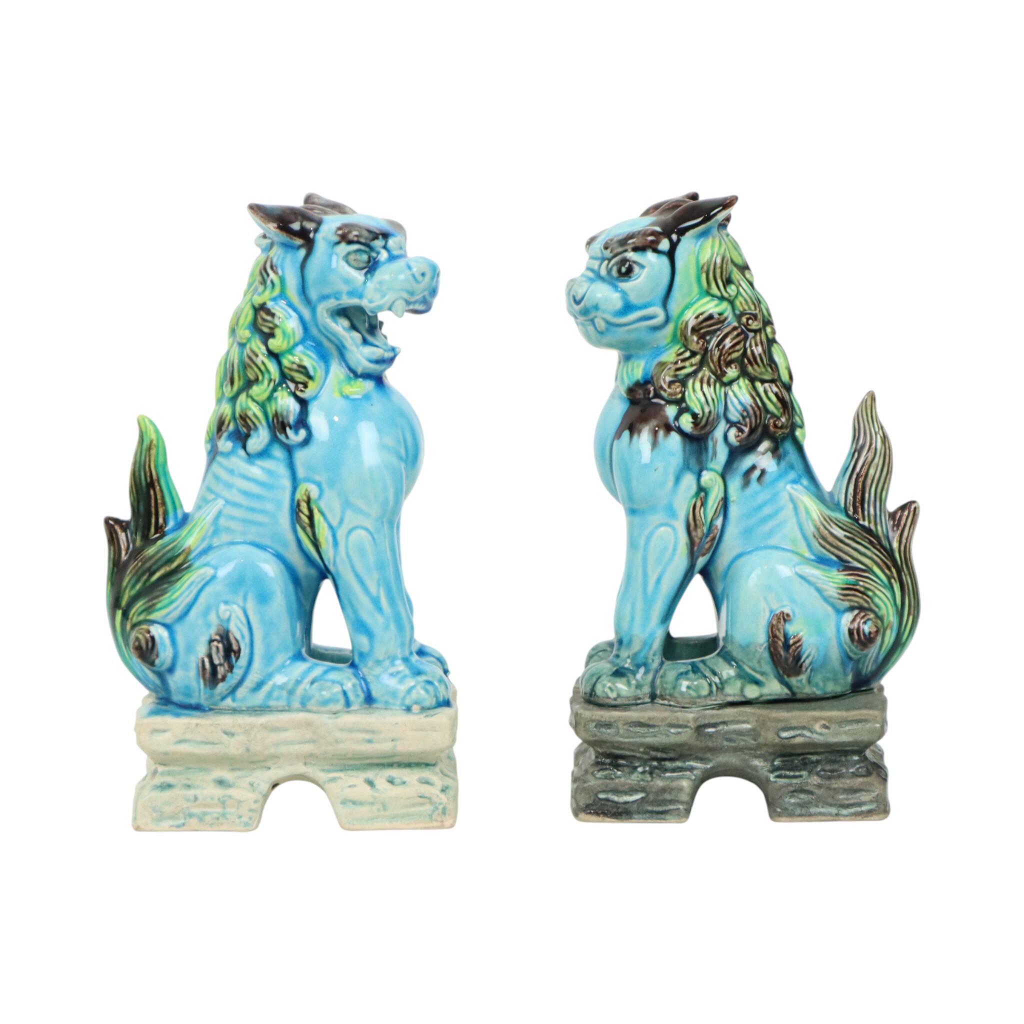 Pair of Chinese Guardian Lions Foo Dogs Blue Ceramic