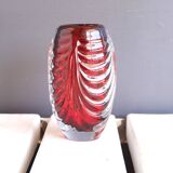 Mid-century modern handmade crystal vase in a bright red colour