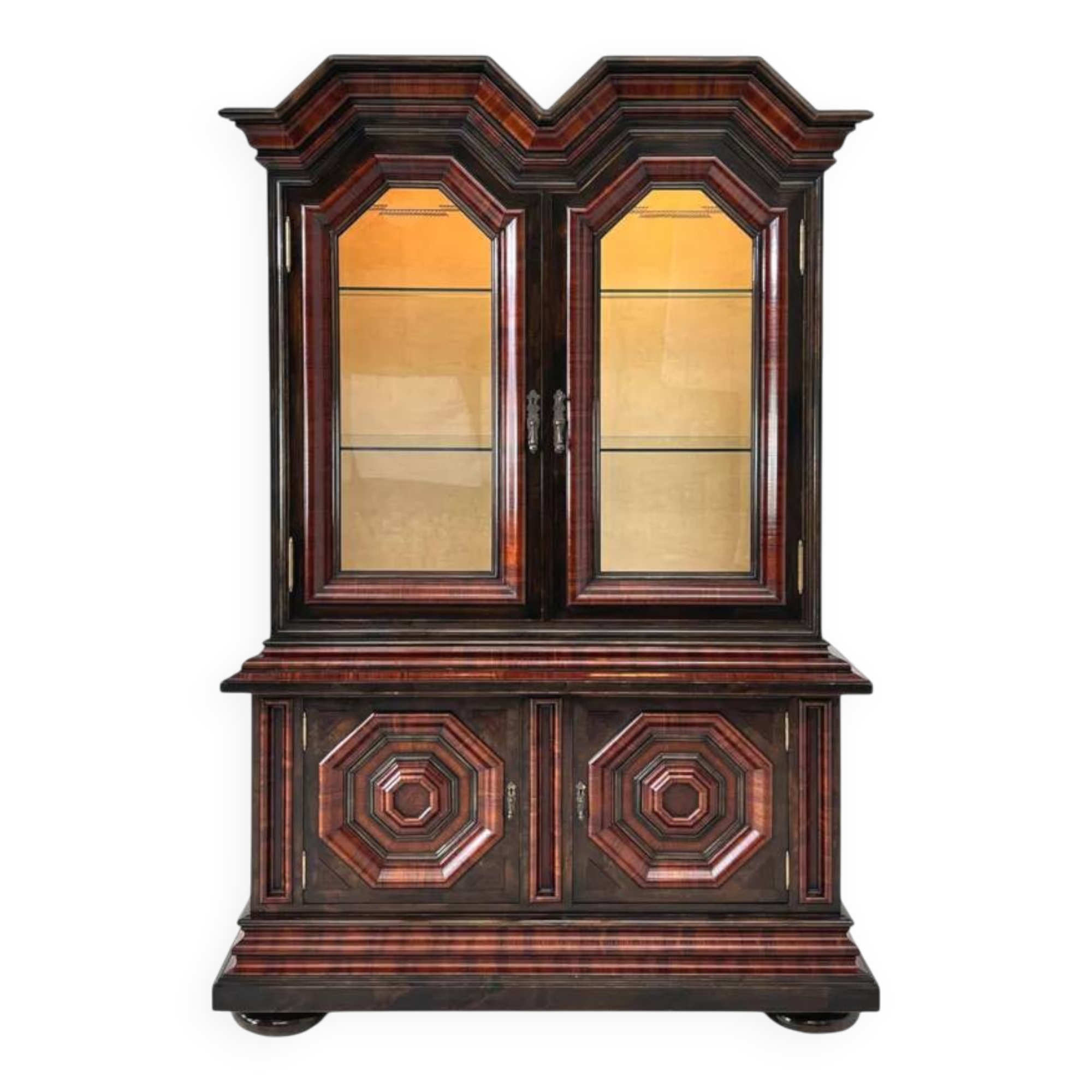 Baroque-style backlit display cabinet in wood, glass and velvet