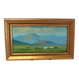 Mongolia landscape painting Signed golden frame