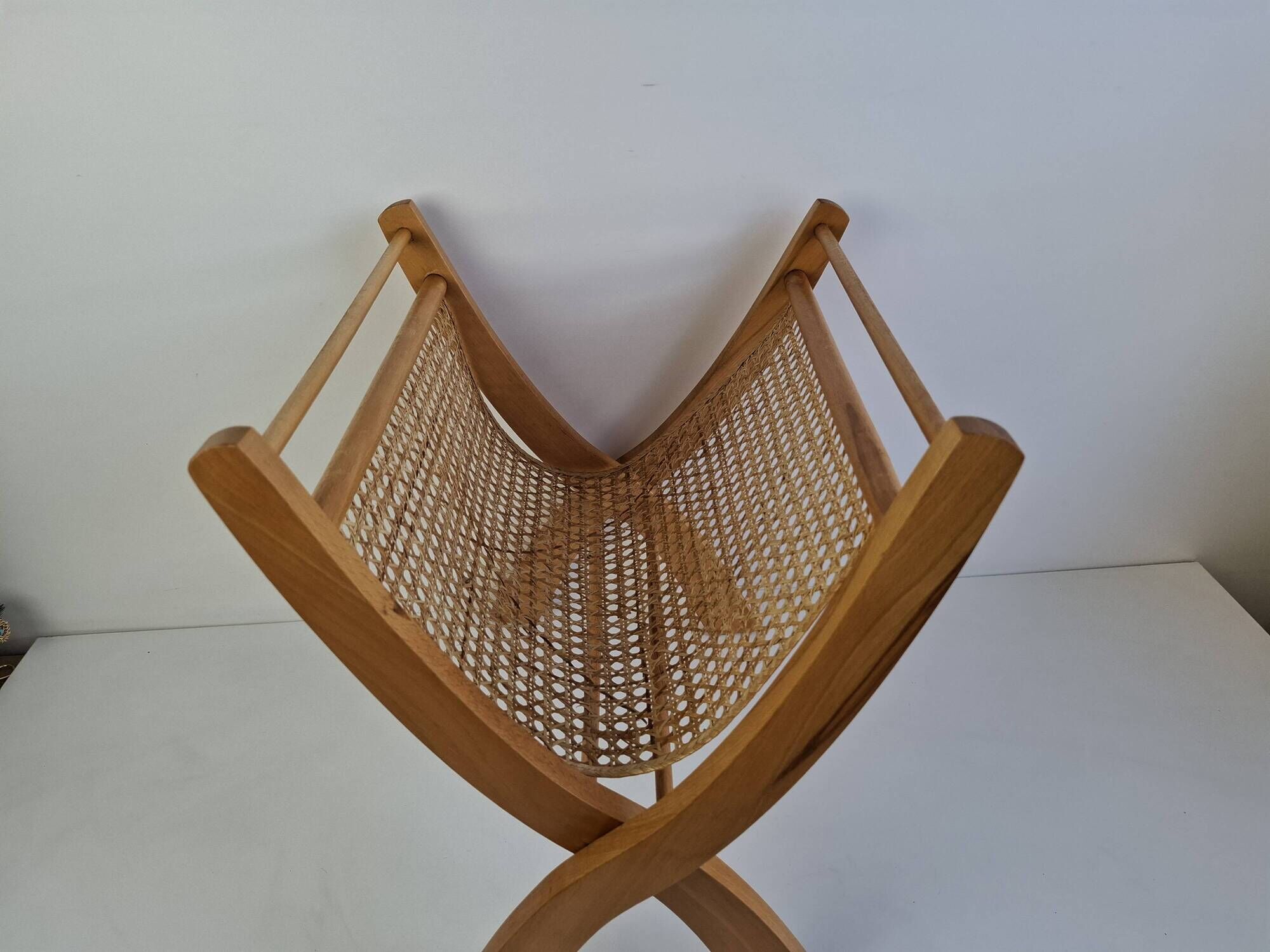Vintage Mid-Century Wooden and Rattan Folding Magazine Rack, Czechoslovakia