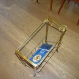 Vintage side table with brass and glass magazine rack
