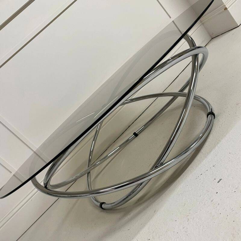 Table basse ronde en chrome et verre fumé, Miniforms "Swirl", Made in Italy