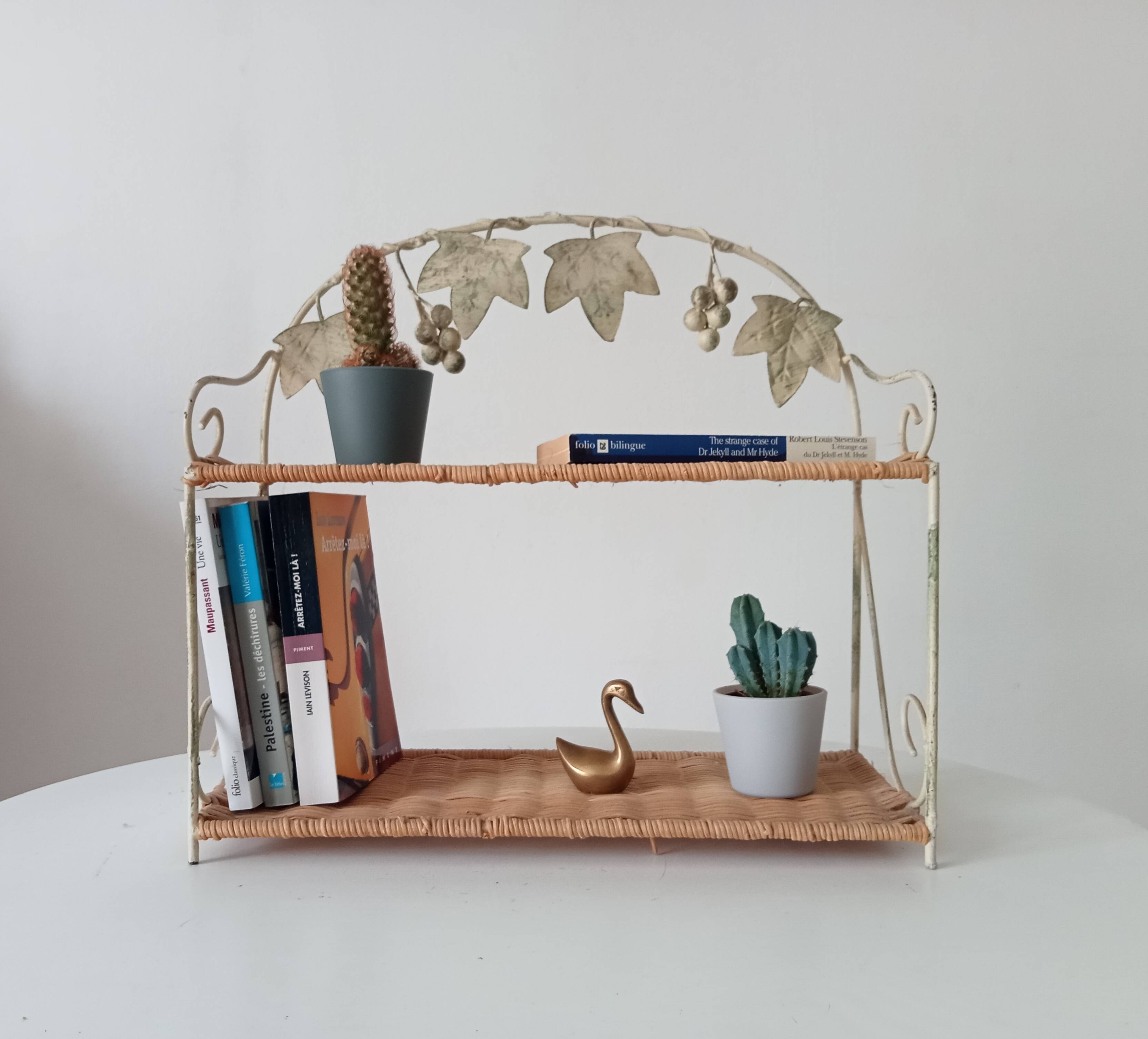 Vintage wall shelf or freestanding wicker in bohemian style.