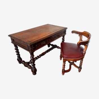 Genuine leather desk + gondola armchair set, Louis XIII style