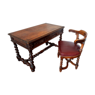 Genuine leather desk + gondola armchair set, Louis XIII style