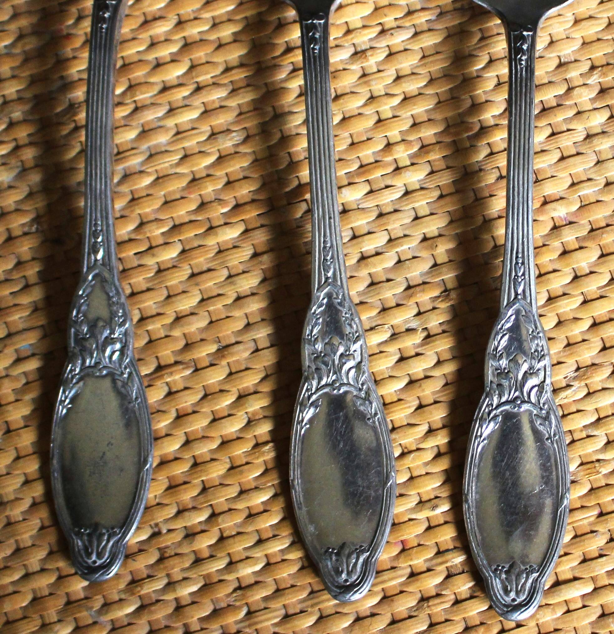 A set of 6 silver-plated metal soup spoons with foliage design.