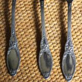 A set of 6 silver-plated metal soup spoons with foliage design.