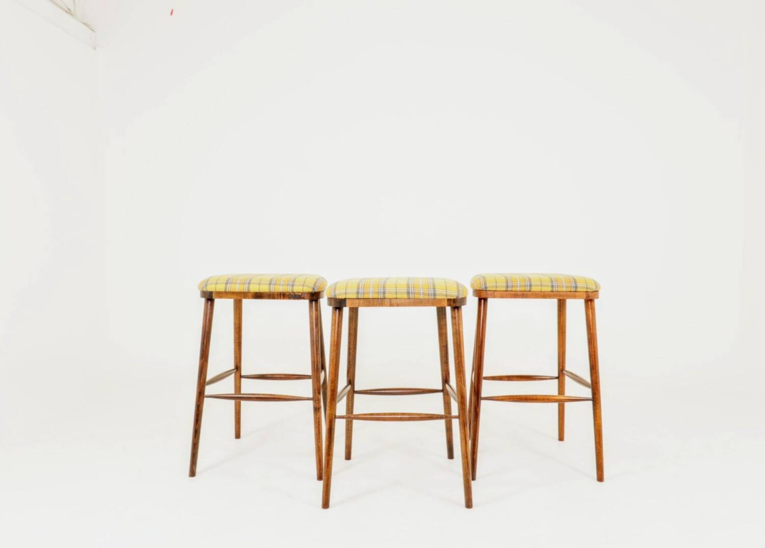 Set of 3 natural wood yellow wool bar stools