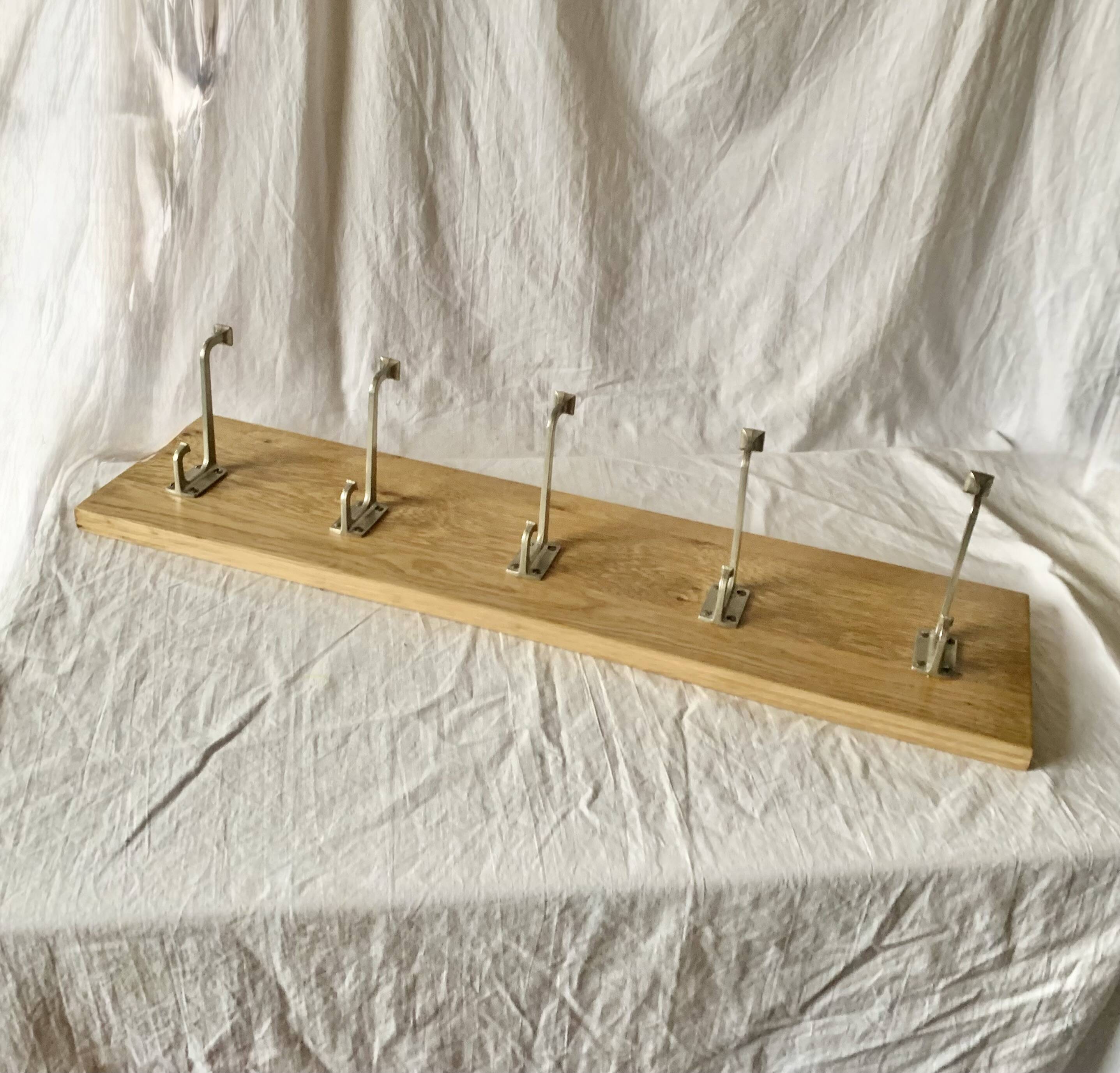 Vintage solid wood wall coat rack - 5 chrome-plated cast aluminum hooks