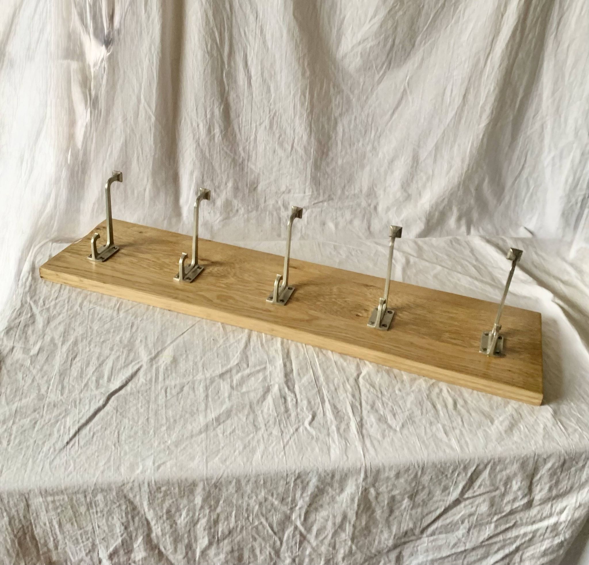 Vintage solid wood wall coat rack - 5 chrome-plated cast aluminum hooks