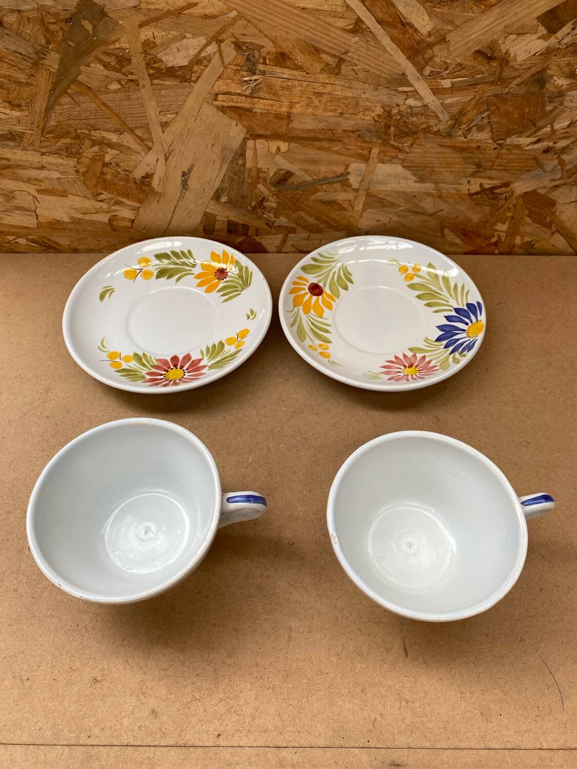 Pair of antique quimper hb ceramic cups vintage flower decor #b284