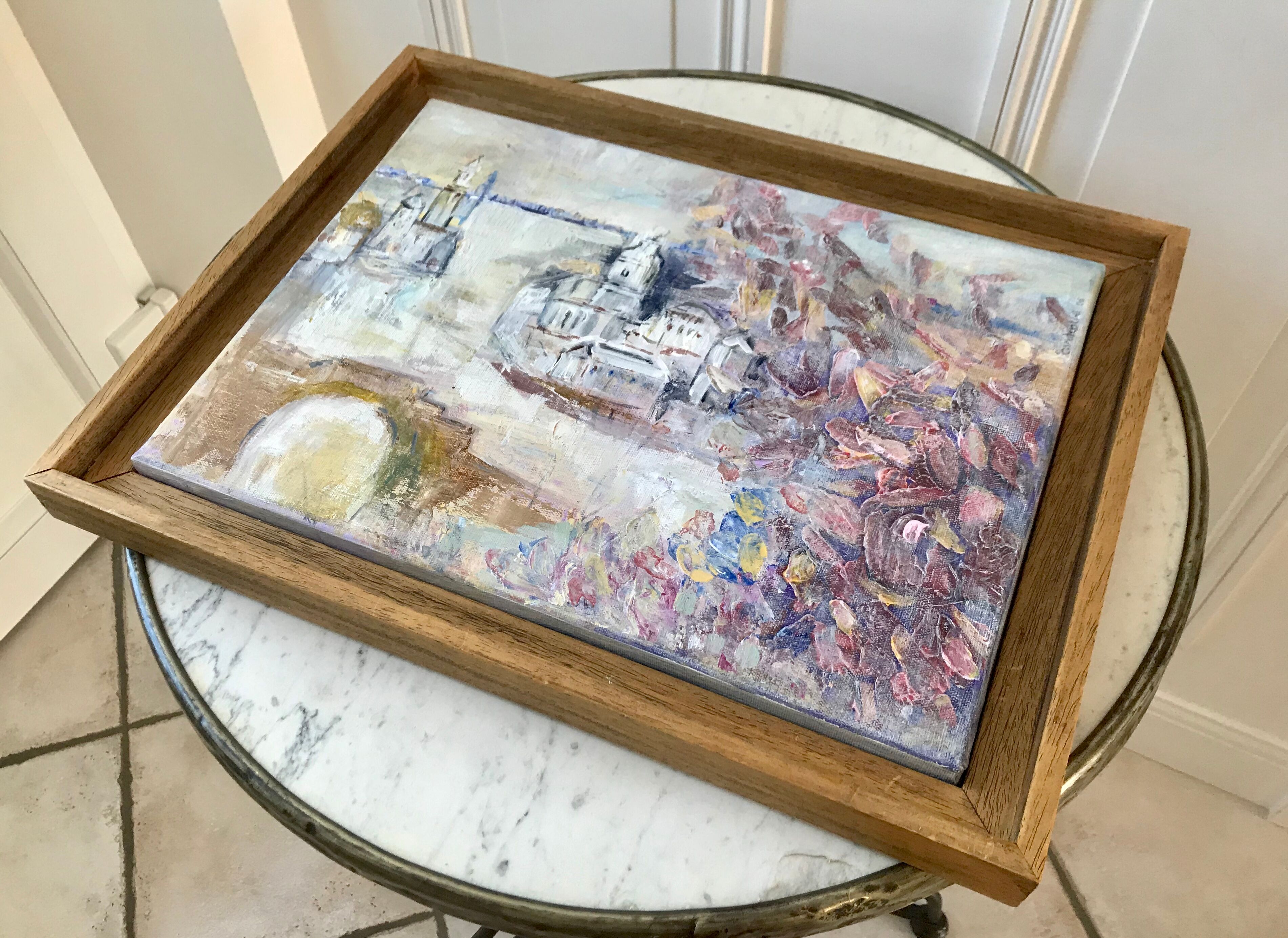 Painting oil on canvas city and trees framed pastel tones signed vintage