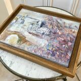 Painting oil on canvas city and trees framed pastel tones signed vintage