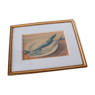 Aquarelle encadrée, nature morte aux poissons signée Lenot, 1945