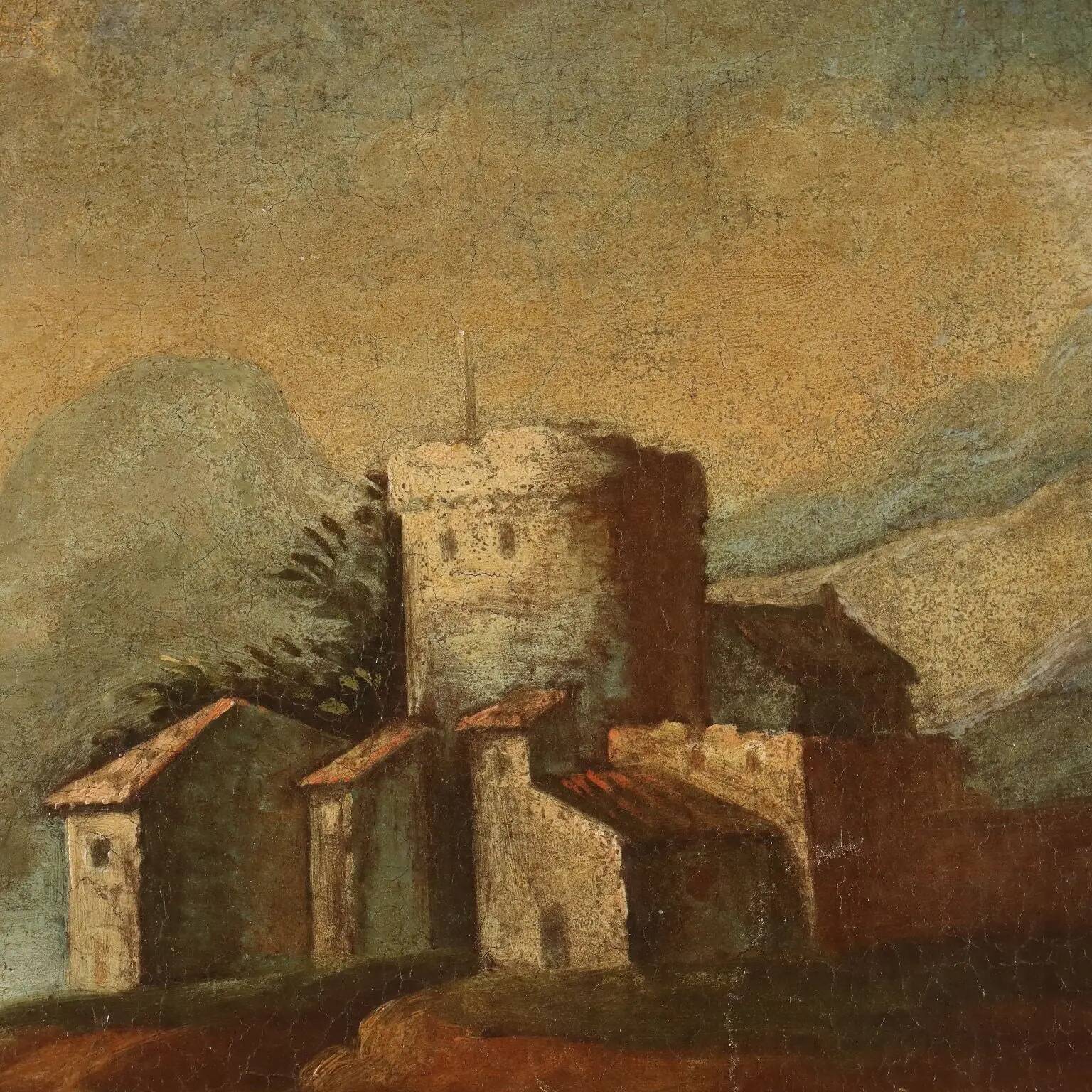 Old painting landscape with figures, oil on canvas, 18th century