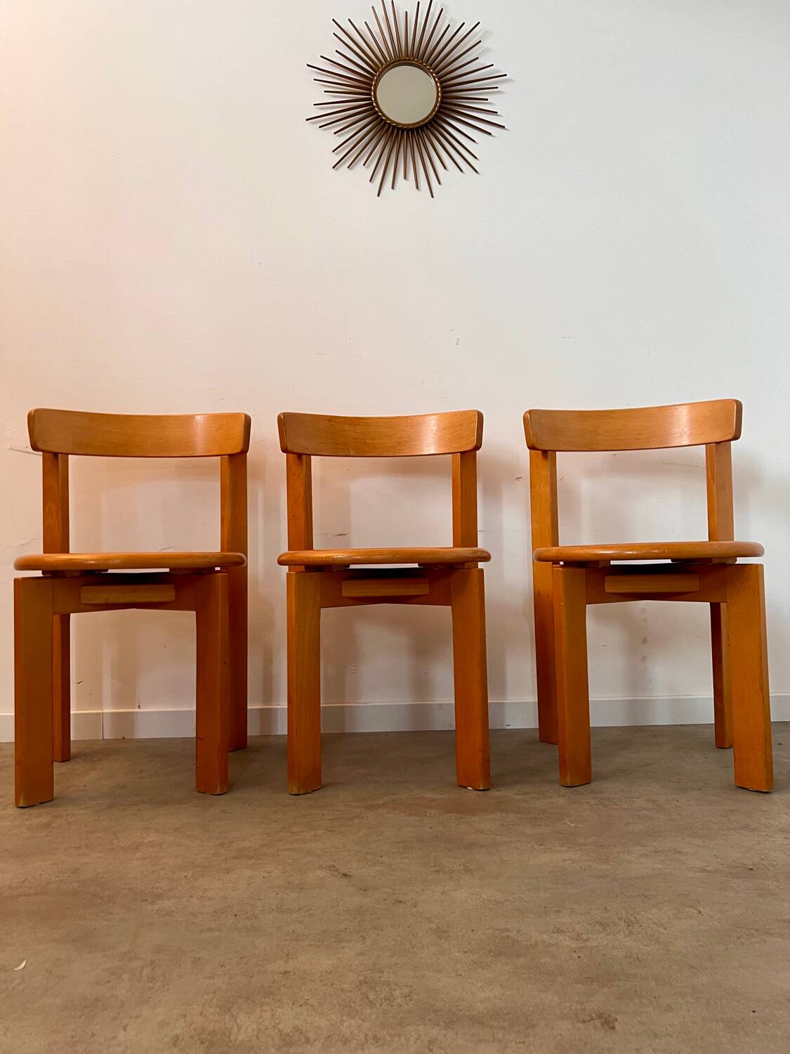 Set of 3 solid beech wood chairs, vintage 70s design