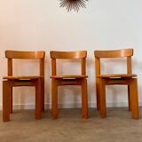 Set of 3 solid beech wood chairs, vintage 70s design