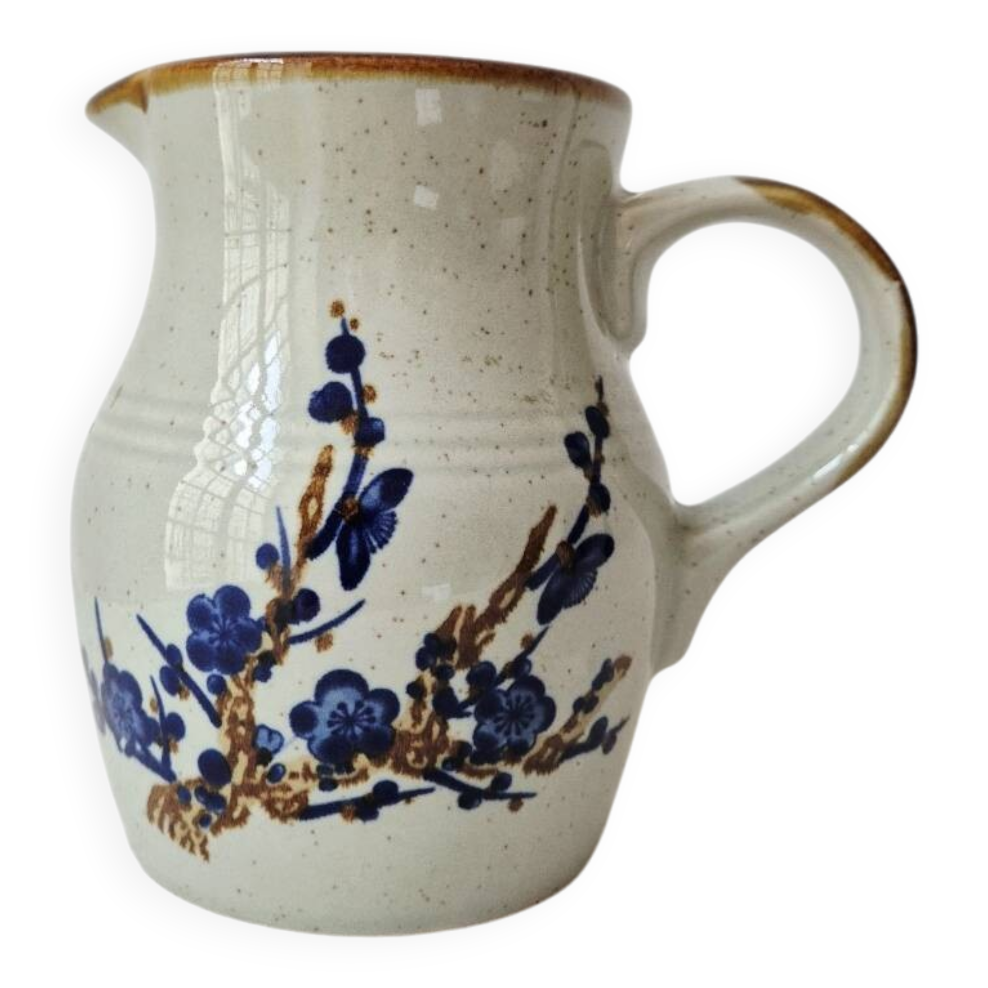 Petit pichet vintage en grès decor floral bleu de cobalt