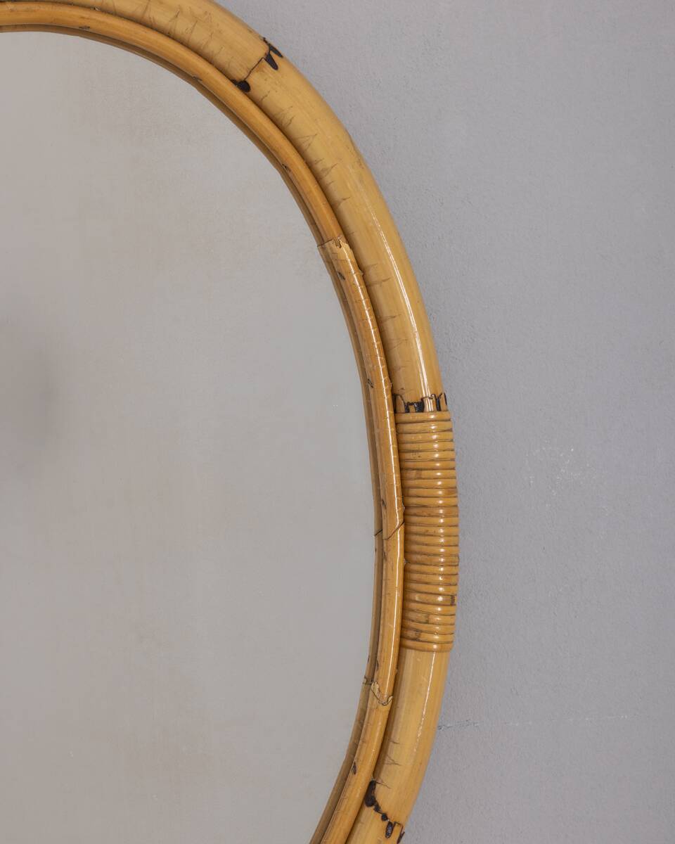 Vintage 1960s Italian design oval bamboo wall mirror