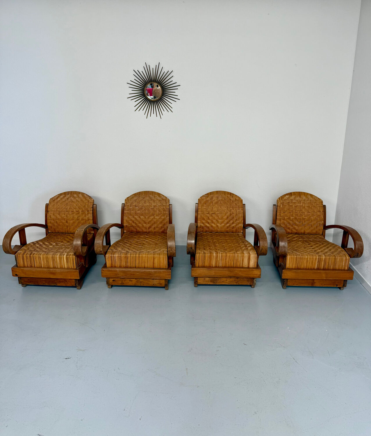 Set of 4 woven rattan armchairs, colonial style, 1950s