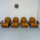Set of 4 woven rattan armchairs, colonial style, 1950s
