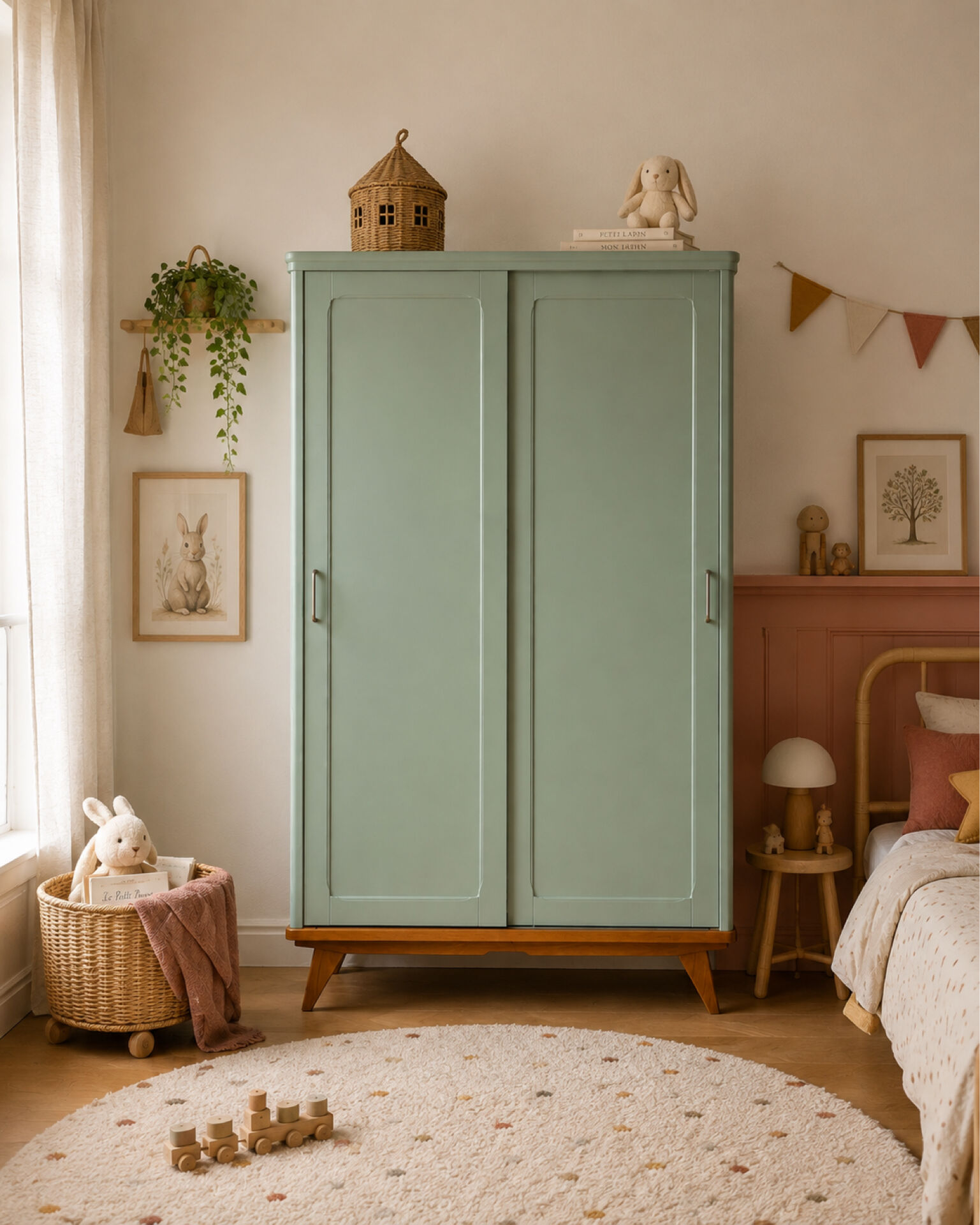 Armoire parisienne penderie 1960 vert grisé rénovée 