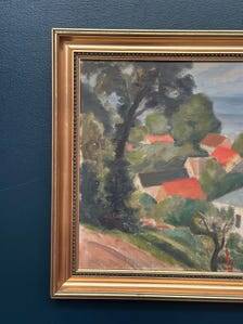 Original Oil Painting on Panel - "Coastal Village" by Bernhard Önstad - Signed - Vintage and Framed