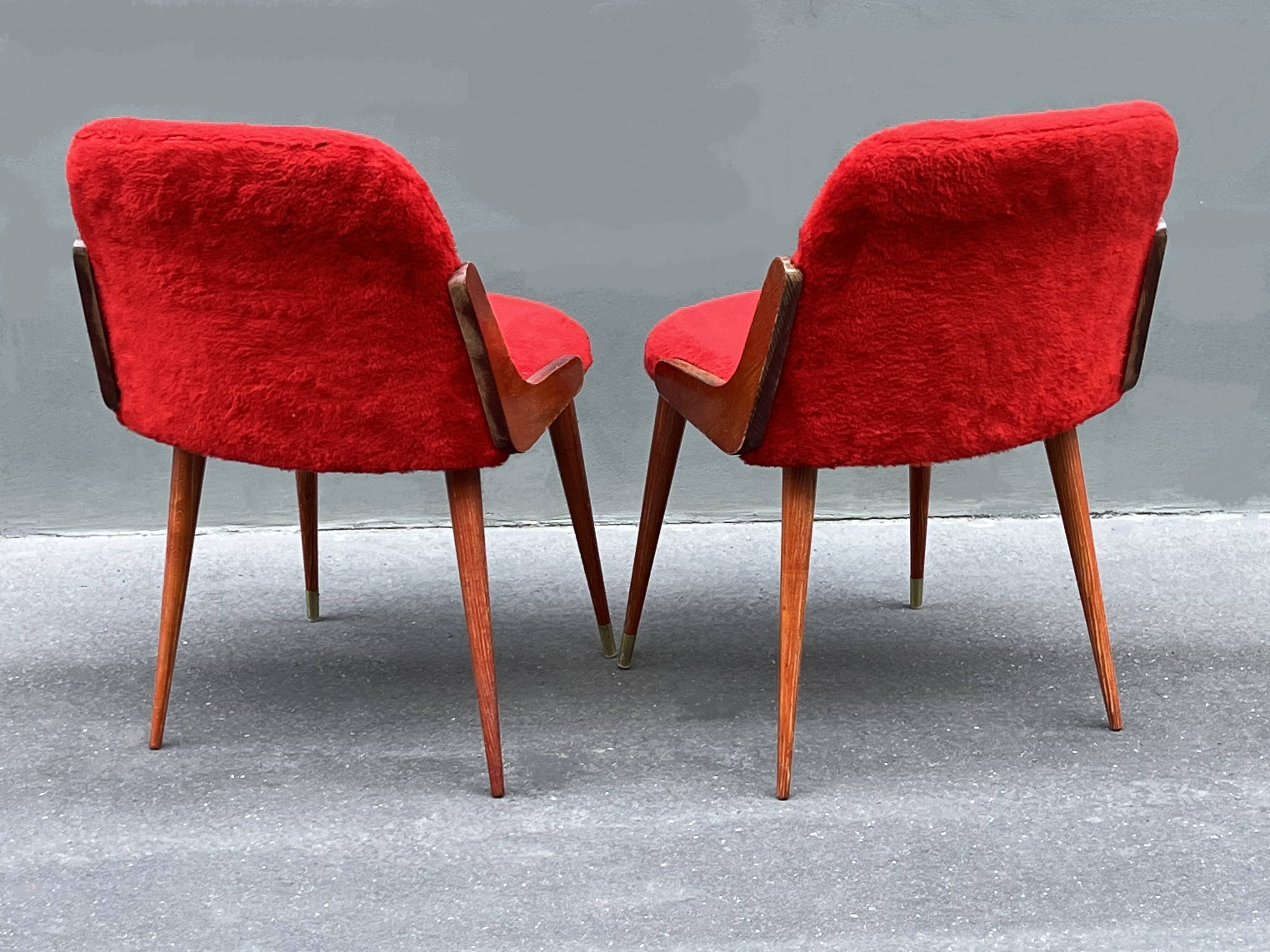Pair of 1960s chairs in sheepskin and varnished wood