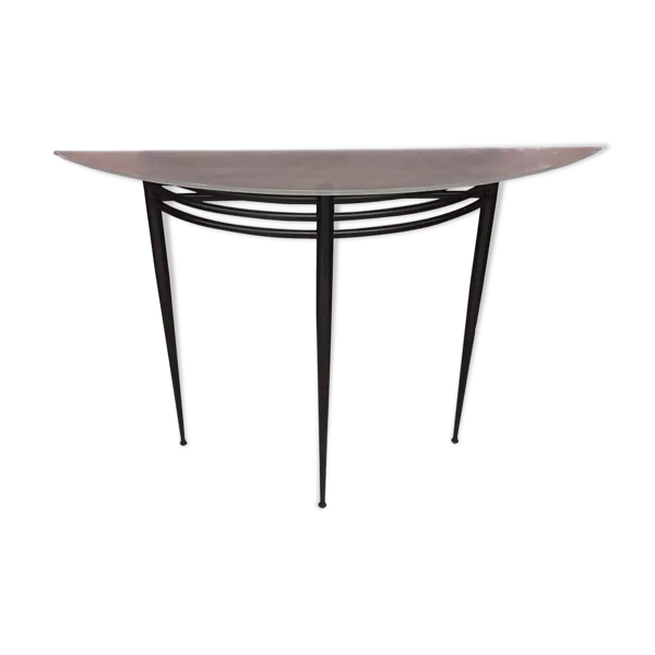 Console demie lune Pascal Mourgue plateau verre sablé pieds noirs