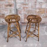Paire de tabourets de bar bambou & rotin