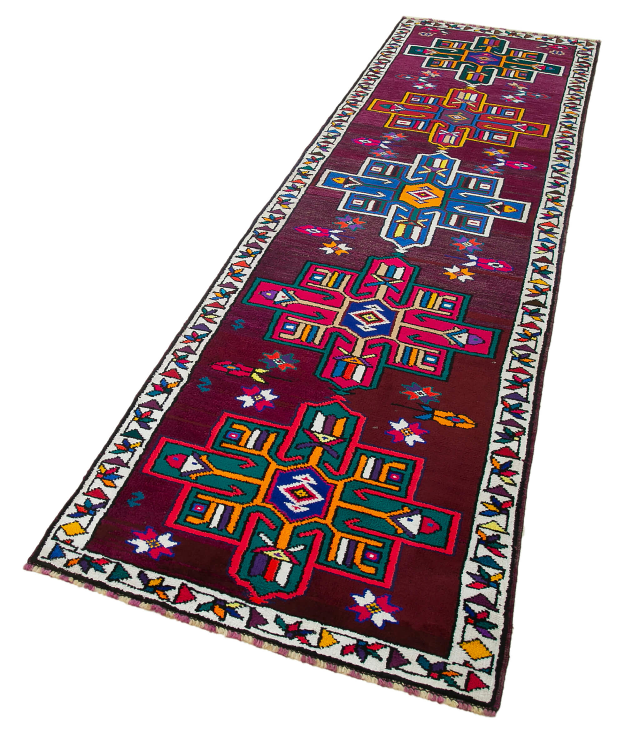 Handmade Distressed Oriental Multicolor Runner Carpet 90 cm x 332 cm