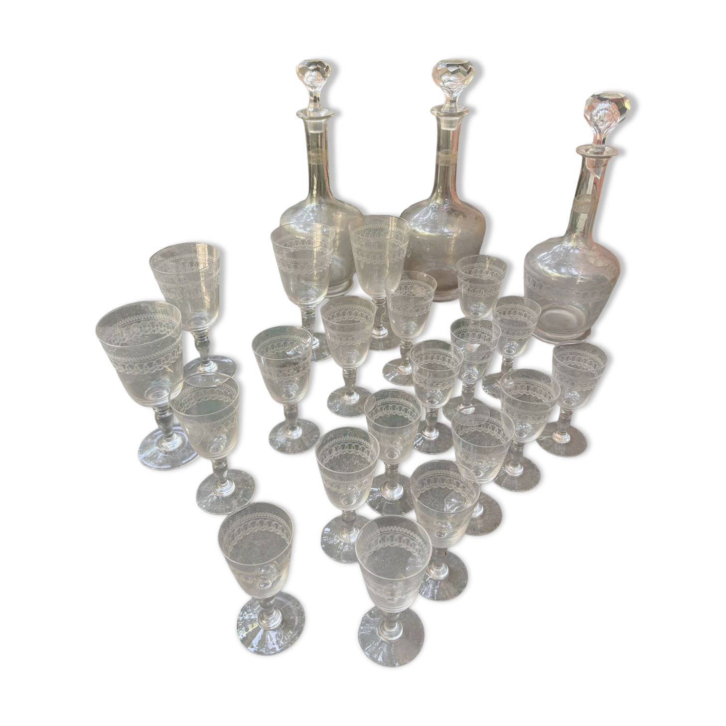 Antique engraved crystal liqueur service? St Louis model early 20th century.