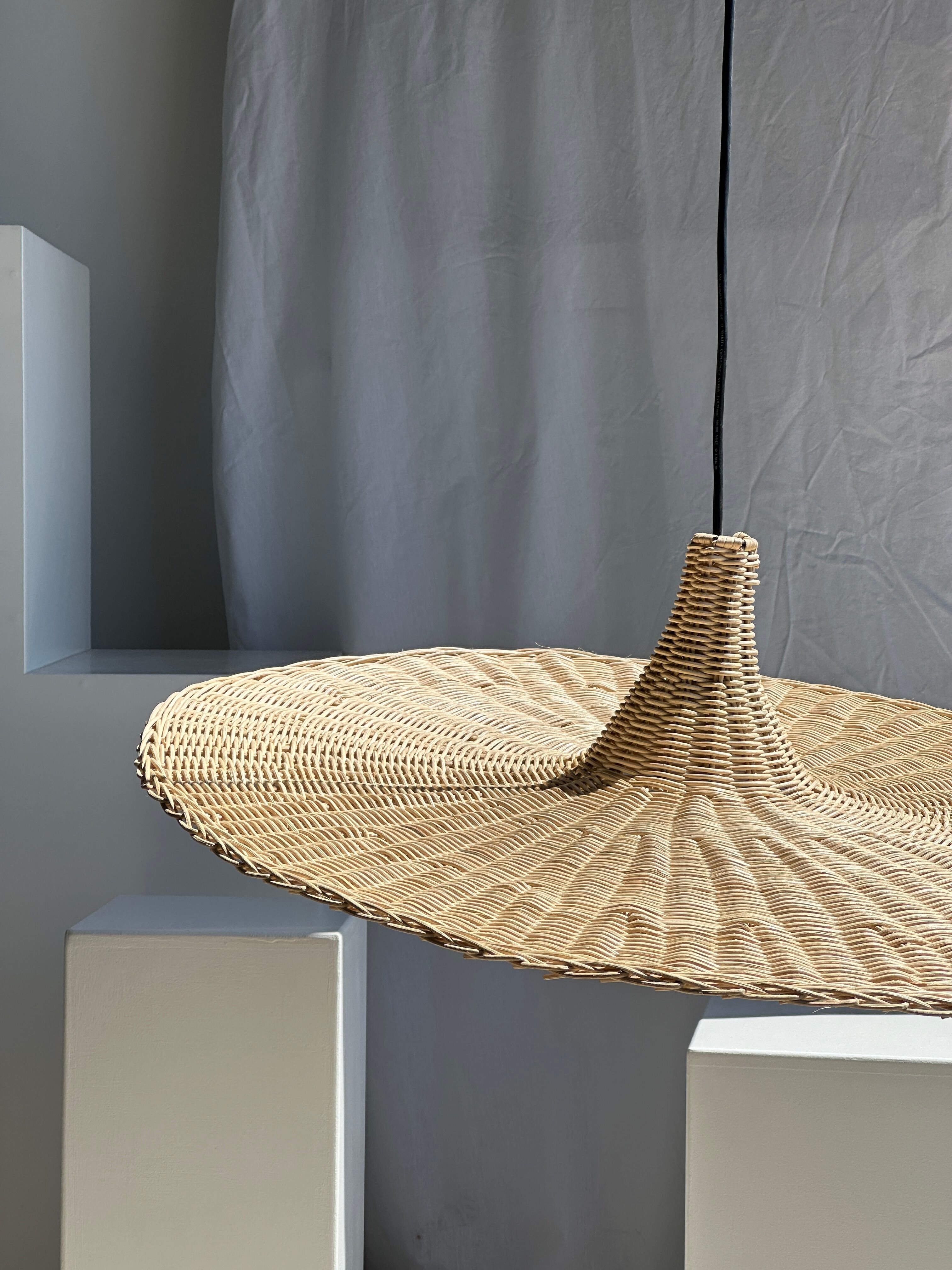 Large suspension, rattan luminaire in hat shape D:80cm