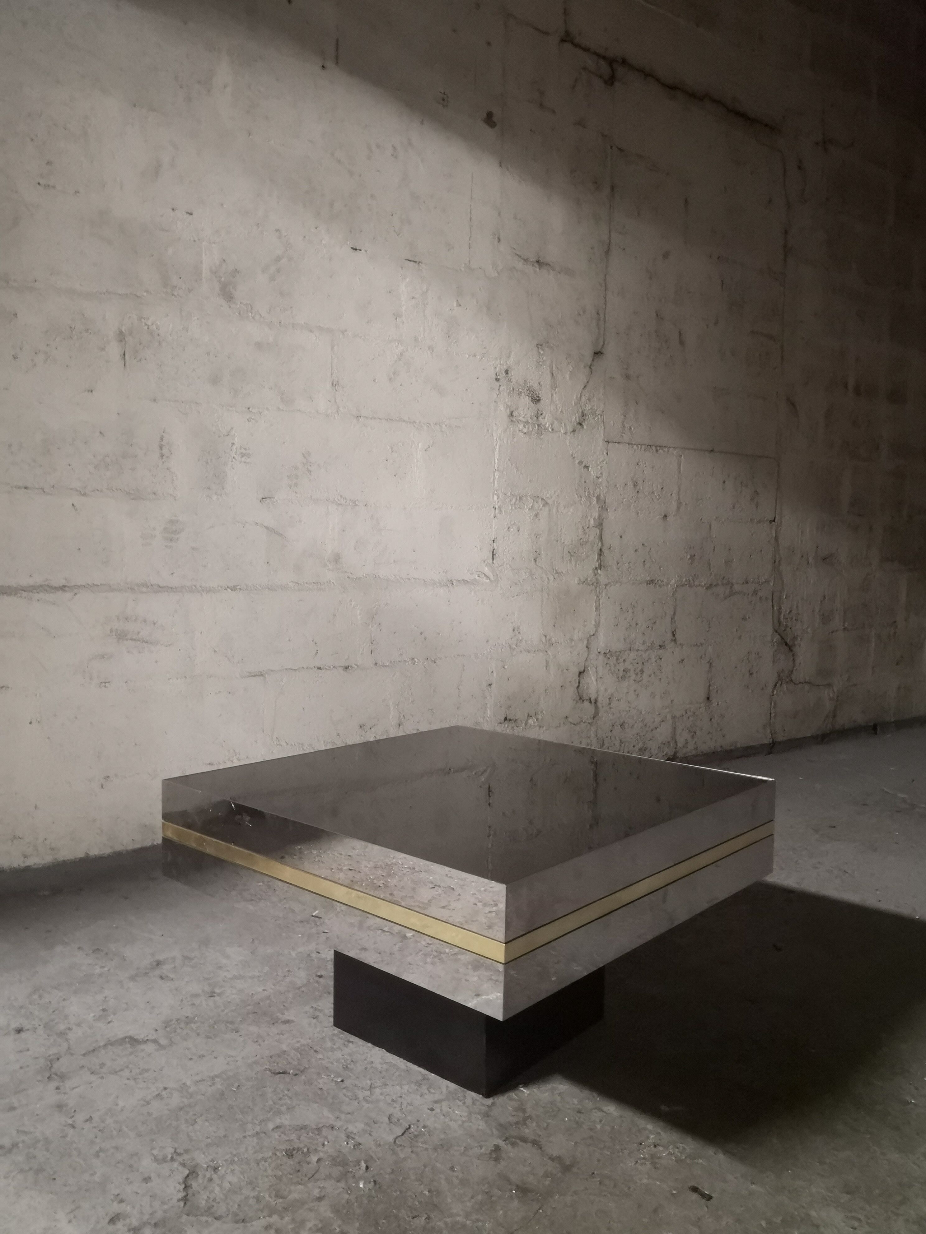 Coffee table design smoked mirror and steel sheet, belgium 1970
