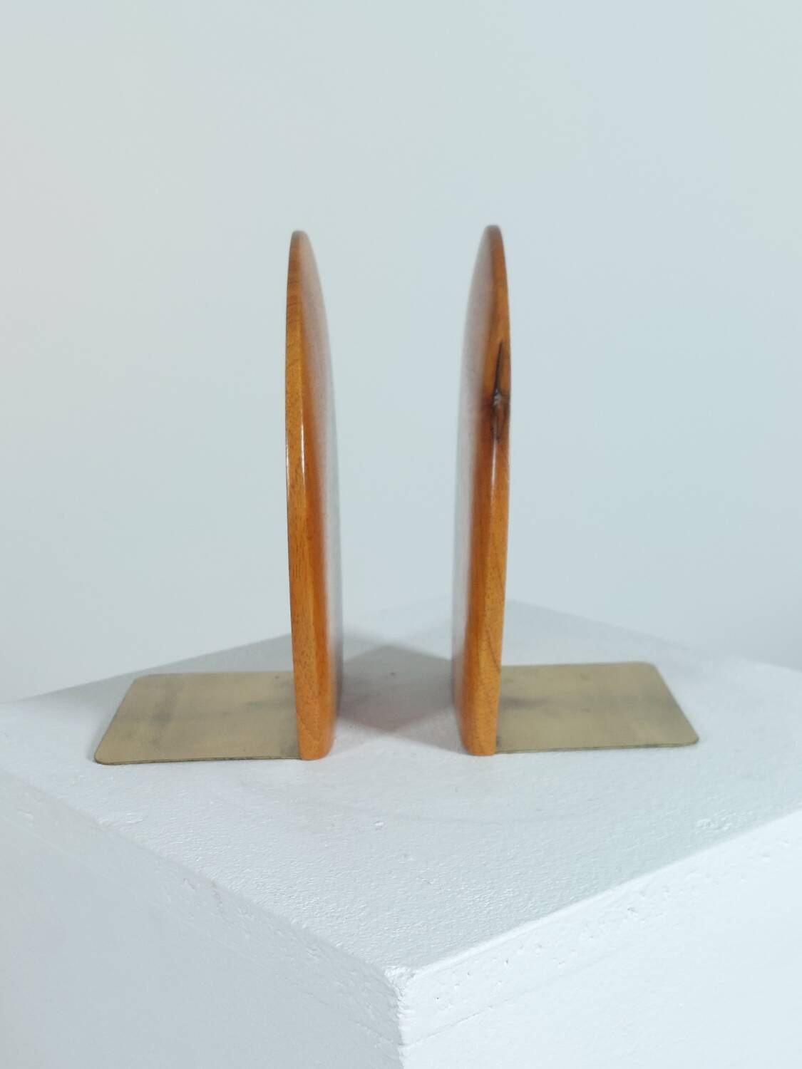 Vintage wooden and brass bookends from the 1950s, Scandinavian style.