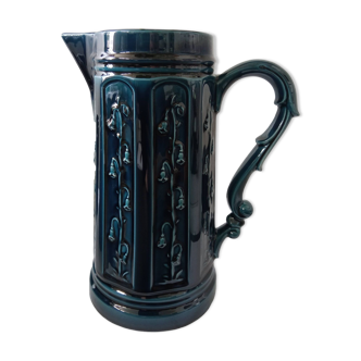 Grand vase pichet carafe barbotine bleu nuit  motifs fleurs relief marque Cerbol