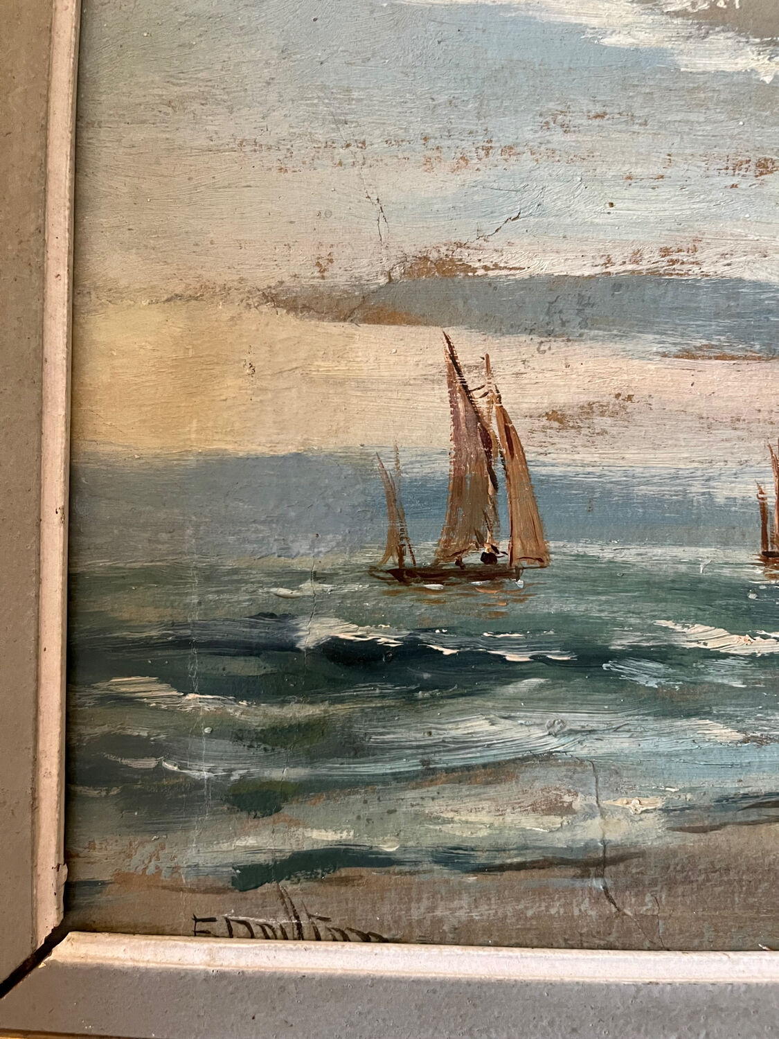 La baie, huile sur carton, cadre stuc doré