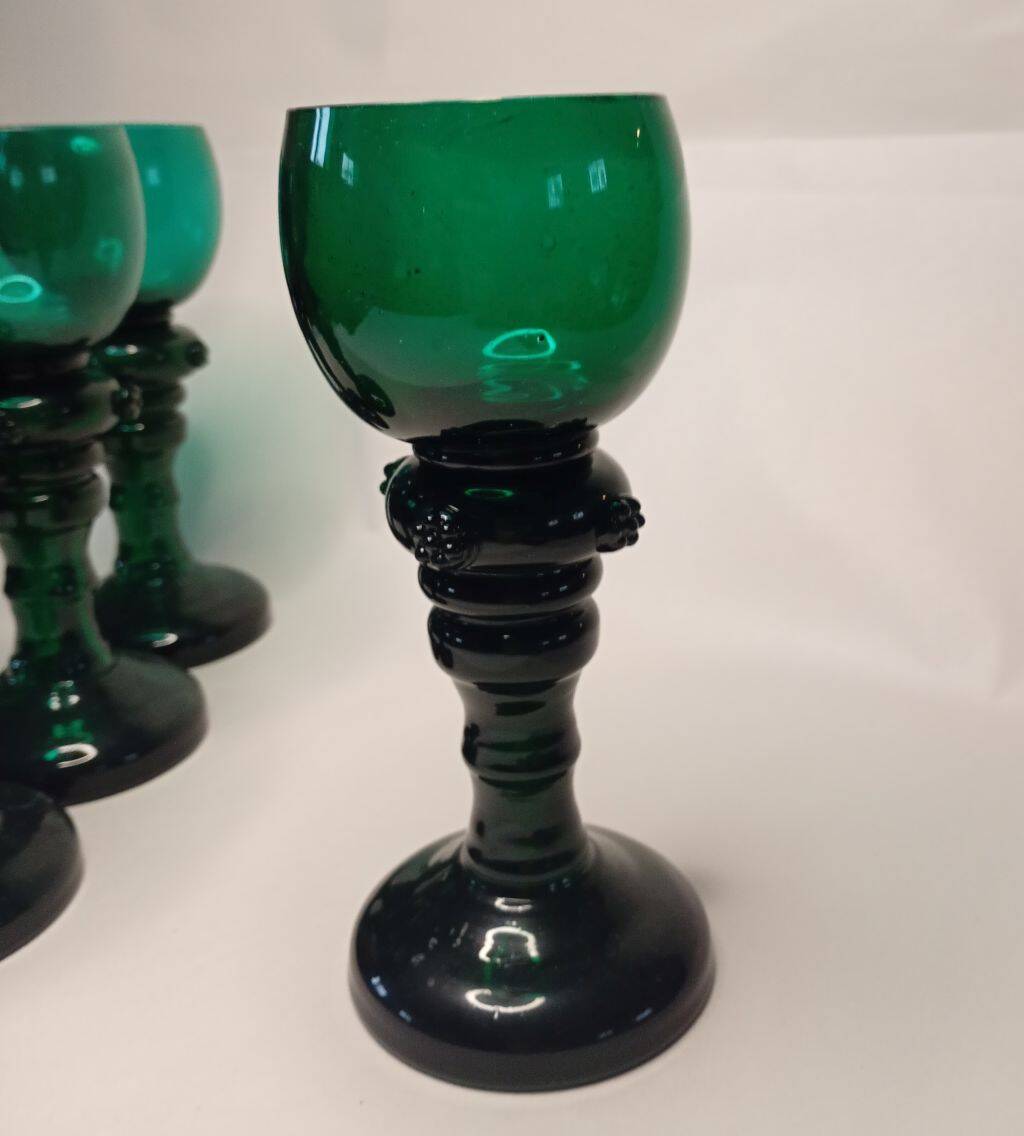 Antique Green Glass Tall Roemer Set of 4