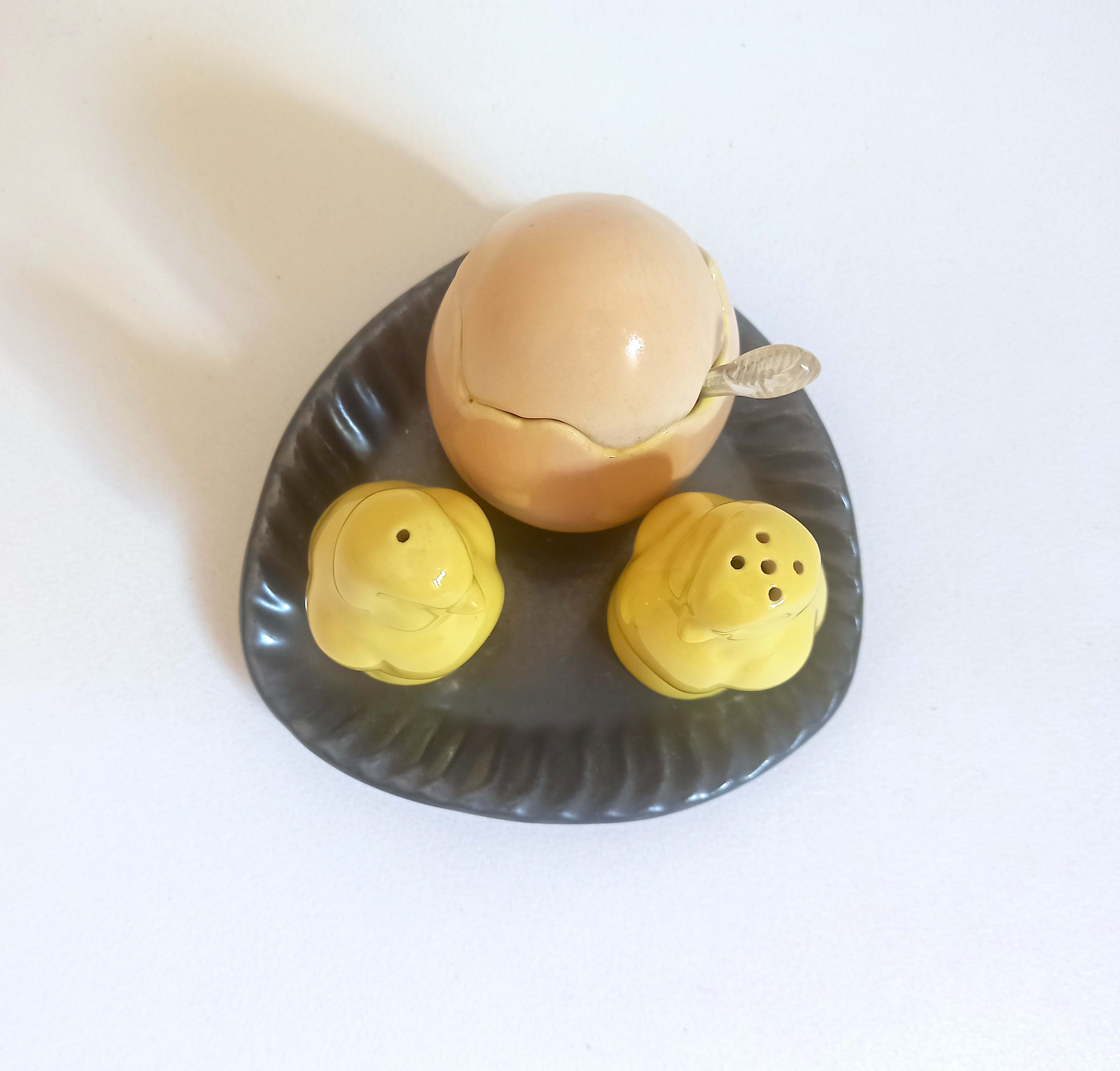 Set salt pepper mustard ceramic 60s