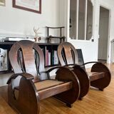 Pair of Art Deco armchairs in wood and cane.
